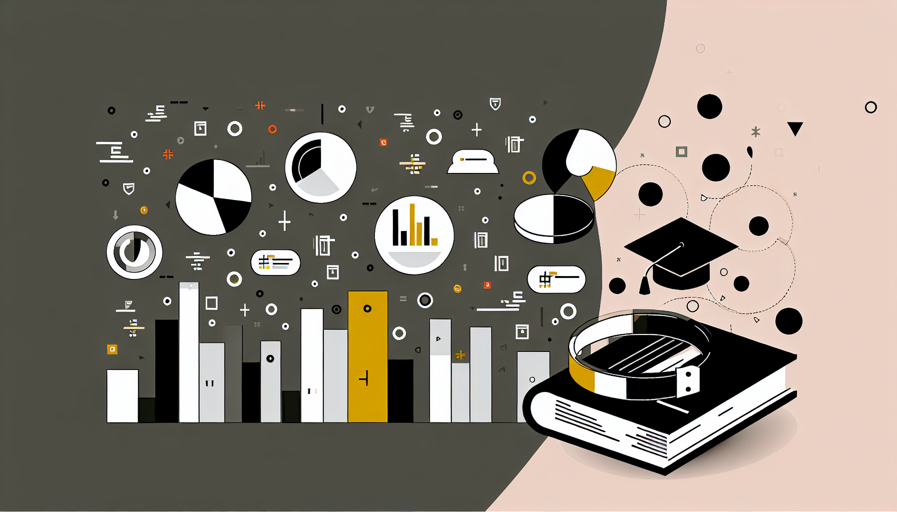 Representação visual do uso de dados na educação com gráficos de pizza, barras, livros e recursos digitais.